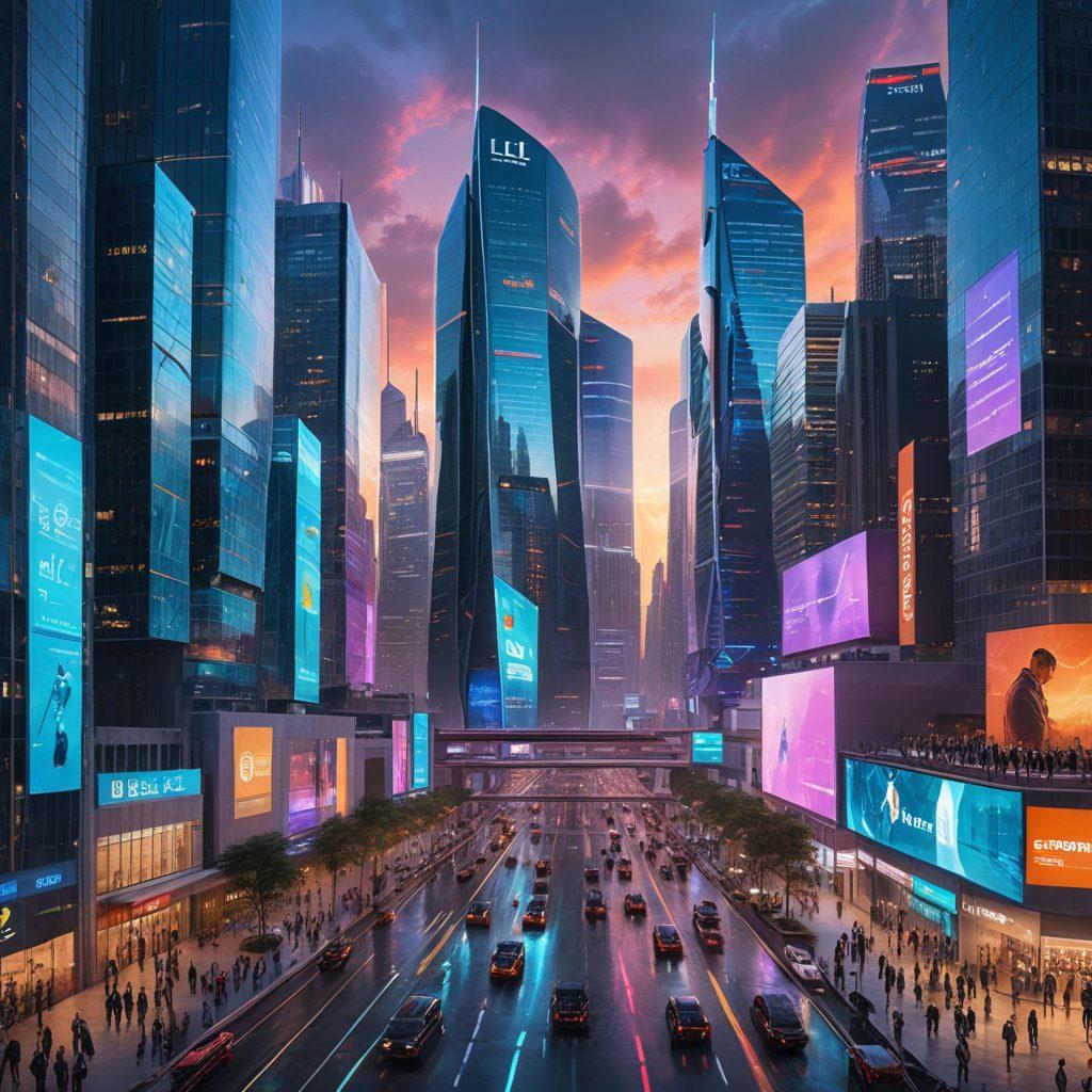 A futuristic city skyline at dusk, where digital screens display insurance policies and risk analytics in real-time. Flying drones collect data while diverse professionals collaborate in a sleek, modern office overlooking the city. Emphasize technology, innovation, and a sense of security in an ever-evolving environment. cyberpunk. vibrant colors. super-realistic.