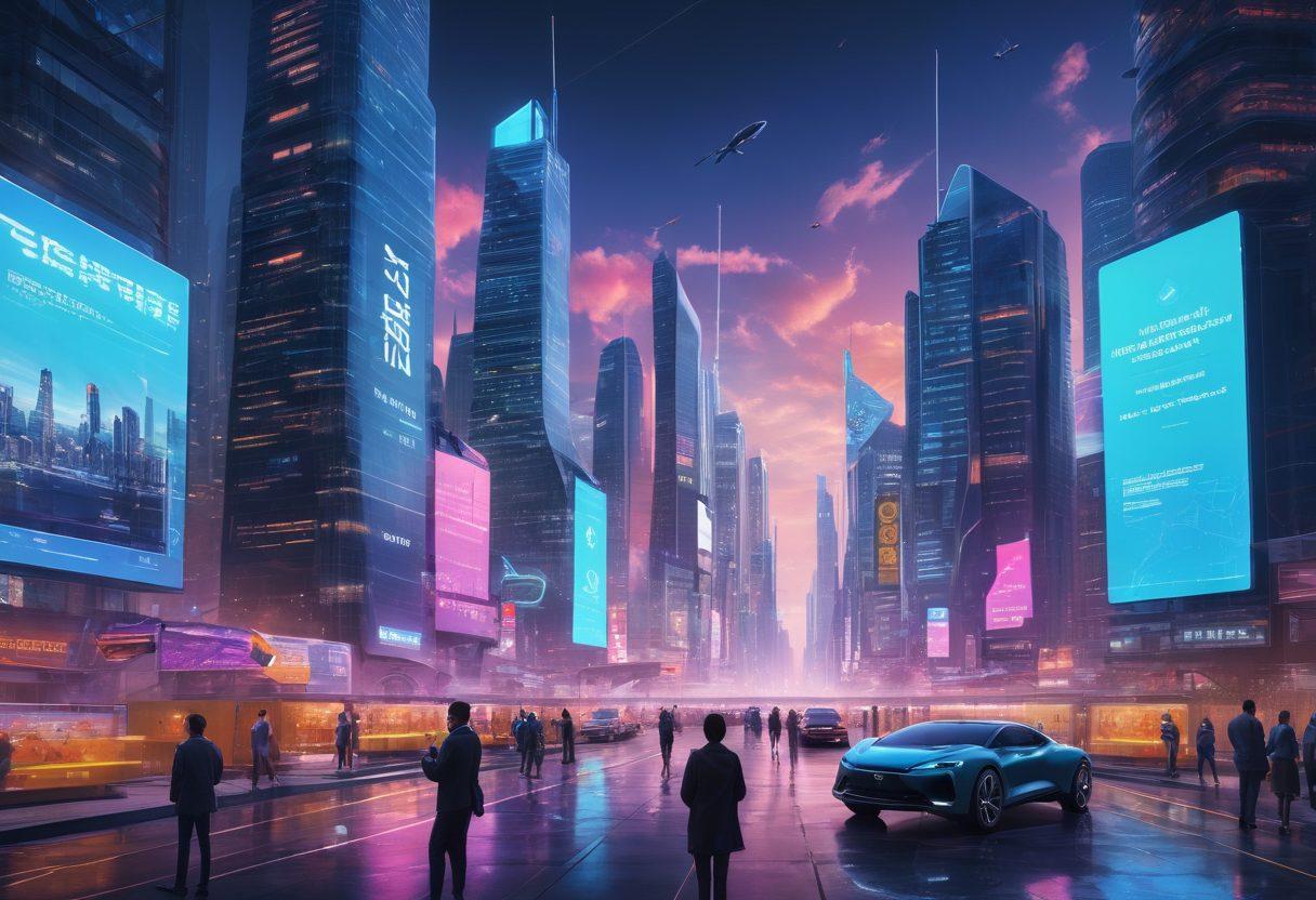 A futuristic cityscape with digital screens displaying insurance options, showcasing diverse individuals interacting with personalized insurance apps on their devices. In the foreground, a group of confident people discuss various insurance solutions, while drones fly above with packages, symbolizing innovation in the insurance field. The scene is vibrant and filled with bright, engaging colors, evoking a sense of technological advancement and customer-centric services. cyberpunk. vibrant colors. 3D.
